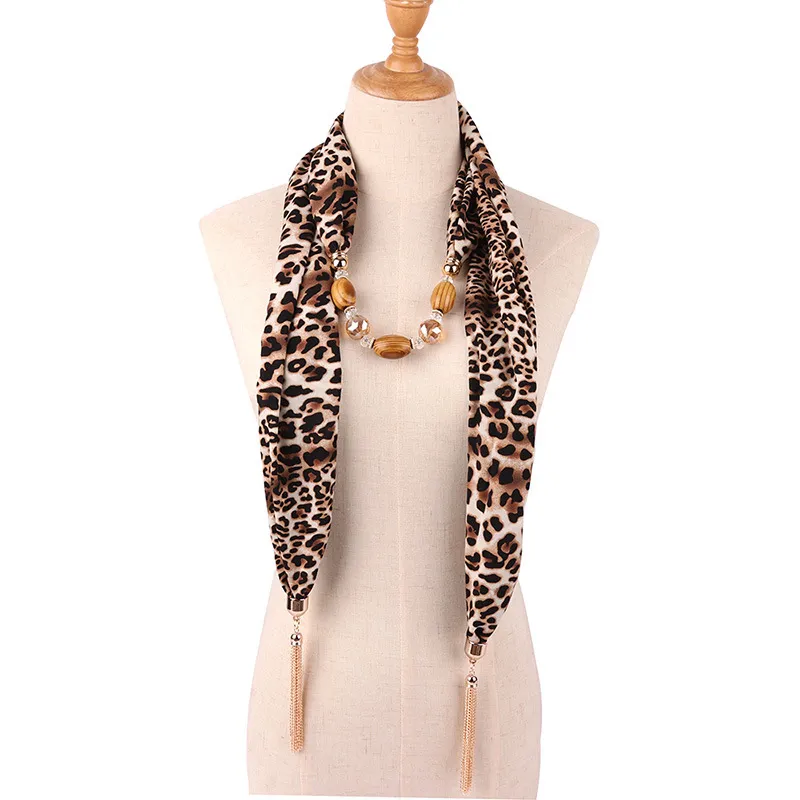 Women Leopard Print Chiffon Pendant Necklace Scarf
