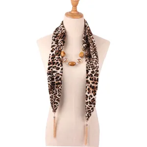Women Leopard Print Chiffon Pendant Necklace Scarf