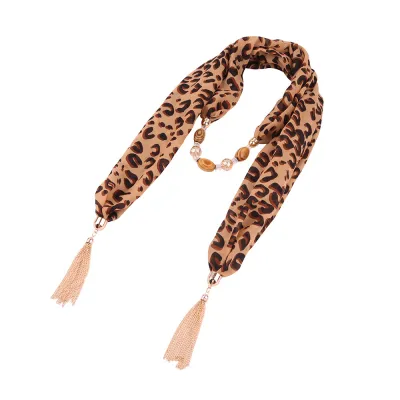 Women Leopard Print Chiffon Pendant Necklace Scarf