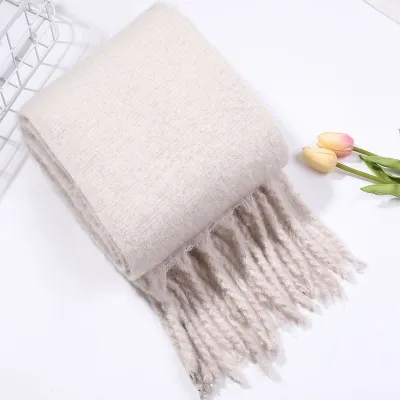 Women Winter Solid Color Tassel Pattern Thick Scarves