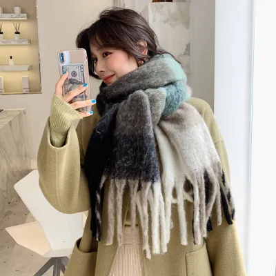 Women Winter Color Blocking Warm Scarves Imitation Cashmere Striped Retro Ethnic