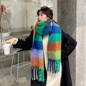 Women Winter Color Blocking Warm Scarves Imitation Cashmere Striped Retro Ethnic