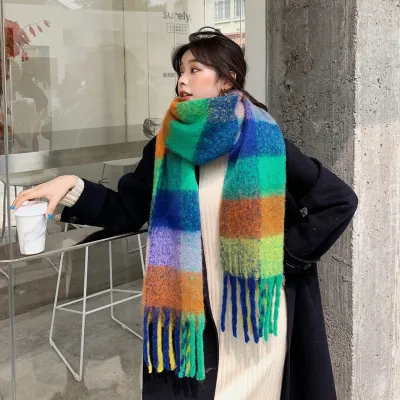 Women Winter Color Blocking Warm Scarves Imitation Cashmere Striped Retro Ethnic