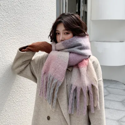 Women Winter Color Blocking Warm Scarves Imitation Cashmere Striped Retro Ethnic
