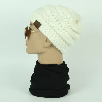 Women Solid Color Knitted Beanies Unisex Yarn Letter Pattern Hat