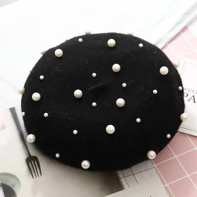 Women Winter Pearl Decor Wool Berets Hats
