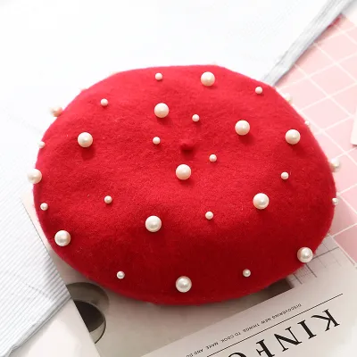 Women Winter Pearl Decor Wool Berets Hats