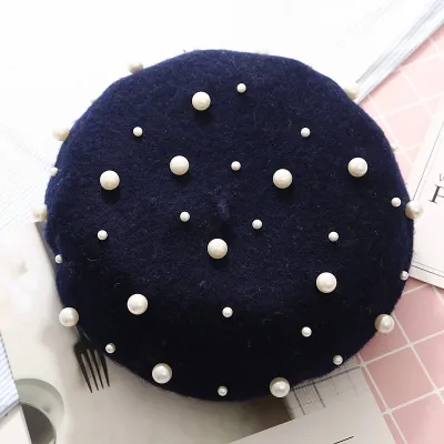 Women Winter Pearl Decor Wool Berets Hats