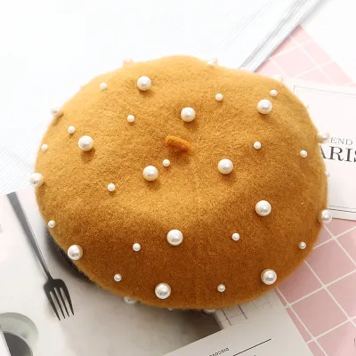 Women Winter Pearl Decor Wool Berets Hats