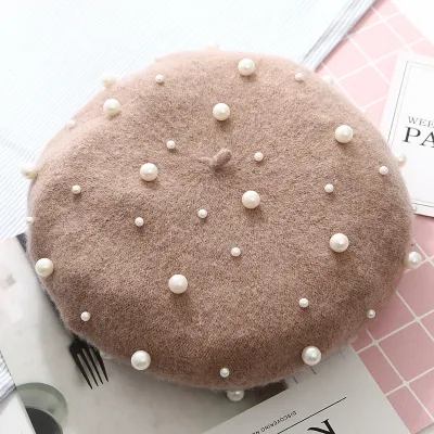 Women Winter Pearl Decor Wool Berets Hats