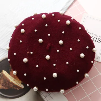 Women Winter Pearl Decor Wool Berets Hats