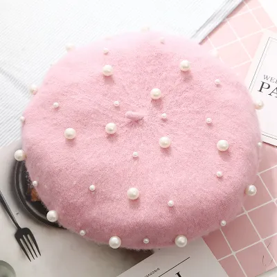 Women Winter Pearl Decor Wool Berets Hats