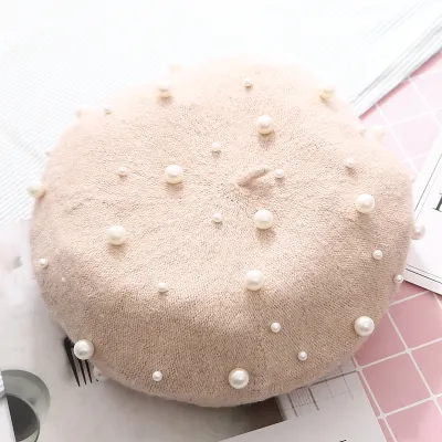 Women Winter Pearl Decor Wool Berets Hats