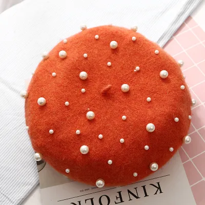 Women Winter Pearl Decor Wool Berets Hats