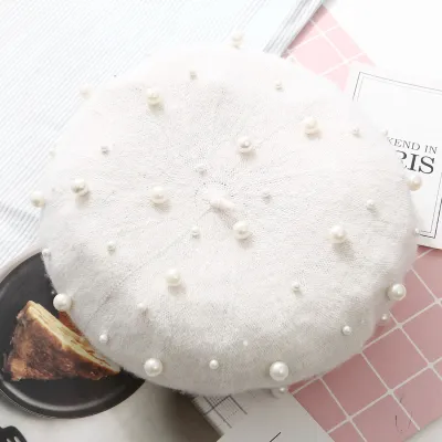 Women Winter Pearl Decor Wool Berets Hats