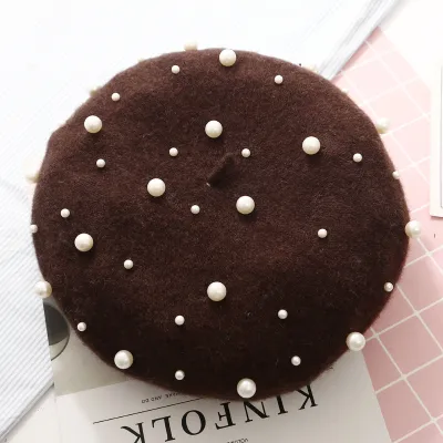 Women Winter Pearl Decor Wool Berets Hats
