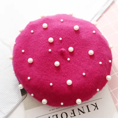 Women Winter Pearl Decor Wool Berets Hats