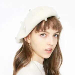 Women Winter Pearl Decor Wool Berets Hats