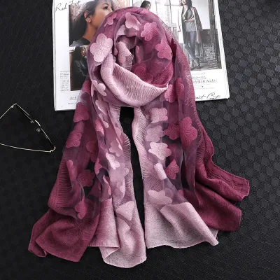 Women Gradient Flower Design Fashion Silk Scarf 180*65cm