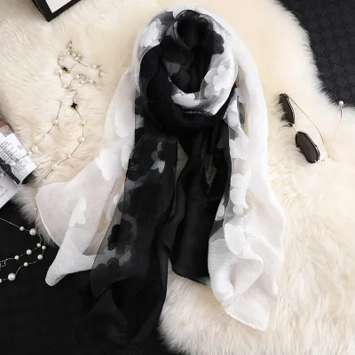 Women Gradient Flower Design Fashion Silk Scarf 180*65cm