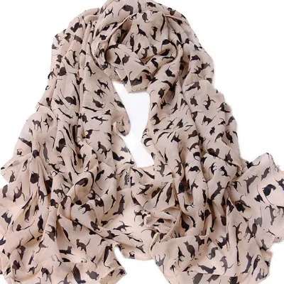 Women Chiffon Cat Print Long Section Scarf 150x60cm