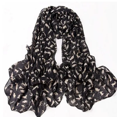Women Chiffon Cat Print Long Section Scarf 150x60cm