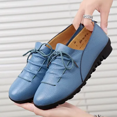 Size:4.5-9 Women Leisure Lace Up Flats Shoes Genuine Leather Chunky Heel
