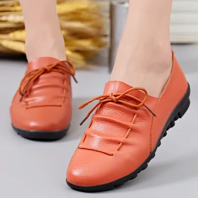 Size:4.5-9 Women Leisure Lace Up Flats Shoes Genuine Leather Chunky Heel