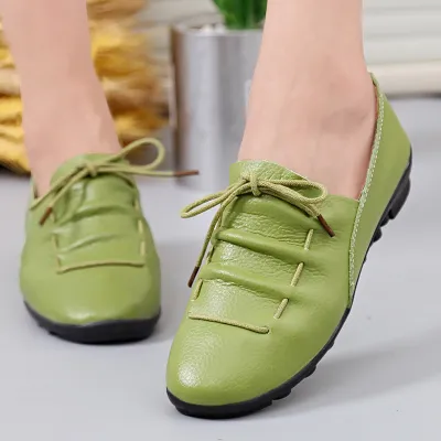 Size:4.5-9 Women Leisure Lace Up Flats Shoes Genuine Leather Chunky Heel