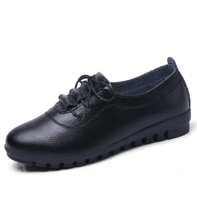 Size:4.5-9 Women Leisure Lace Up Flats Shoes Genuine Leather Chunky Heel