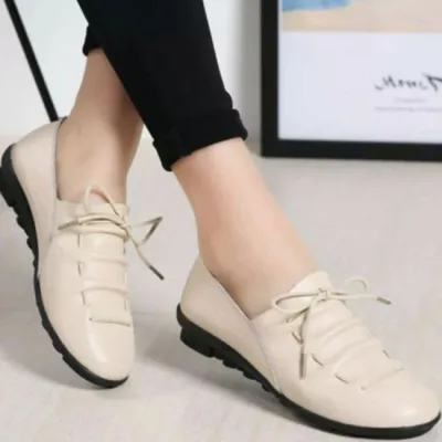 Size:4.5-9 Women Leisure Lace Up Flats Shoes Genuine Leather Chunky Heel