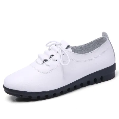 Size:4.5-9 Women Leisure Lace Up Flats Shoes Genuine Leather Chunky Heel