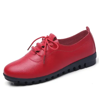 Size:4.5-9 Women Leisure Lace Up Flats Shoes Genuine Leather Chunky Heel
