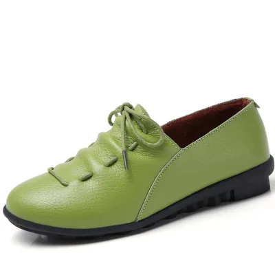 Size:4.5-9 Women Leisure Lace Up Flats Shoes Genuine Leather Chunky Heel