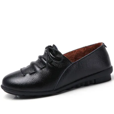 Size:4.5-9 Women Leisure Lace Up Flats Shoes Genuine Leather Chunky Heel