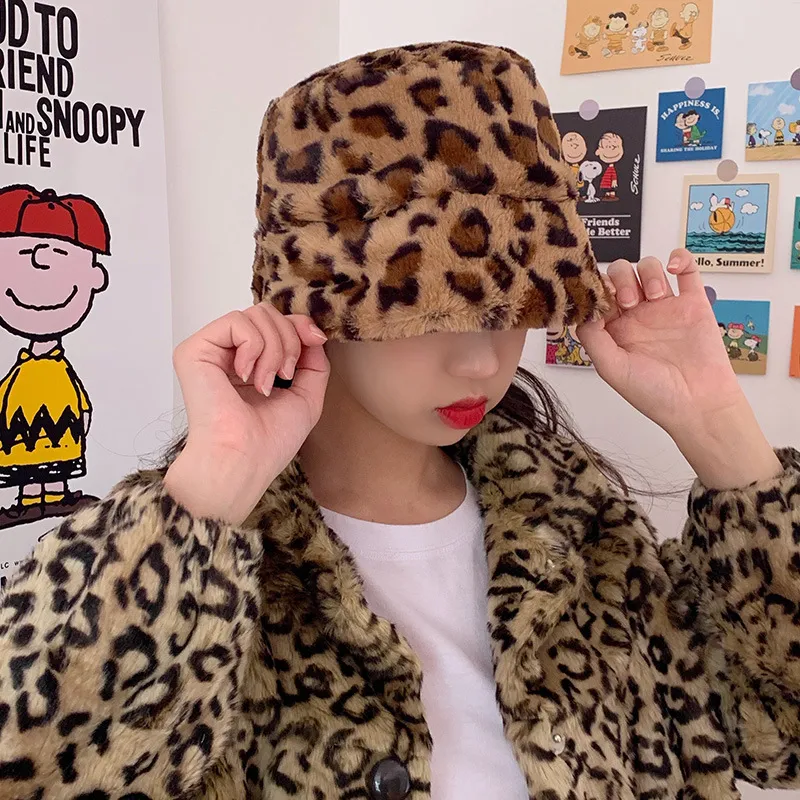 Women Winter Rabbit Fur Leopard Print Warm Bucket Hat