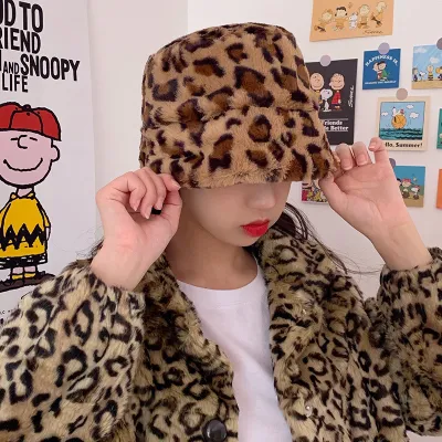 Women Winter Rabbit Fur Leopard Print Warm Bucket Hat