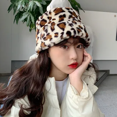 Women Winter Rabbit Fur Leopard Print Warm Bucket Hat