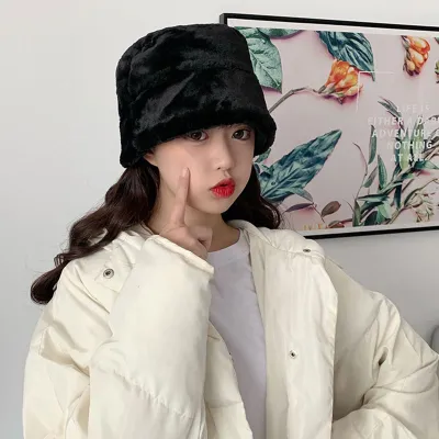 Women Winter Rabbit Fur Leopard Print Warm Bucket Hat