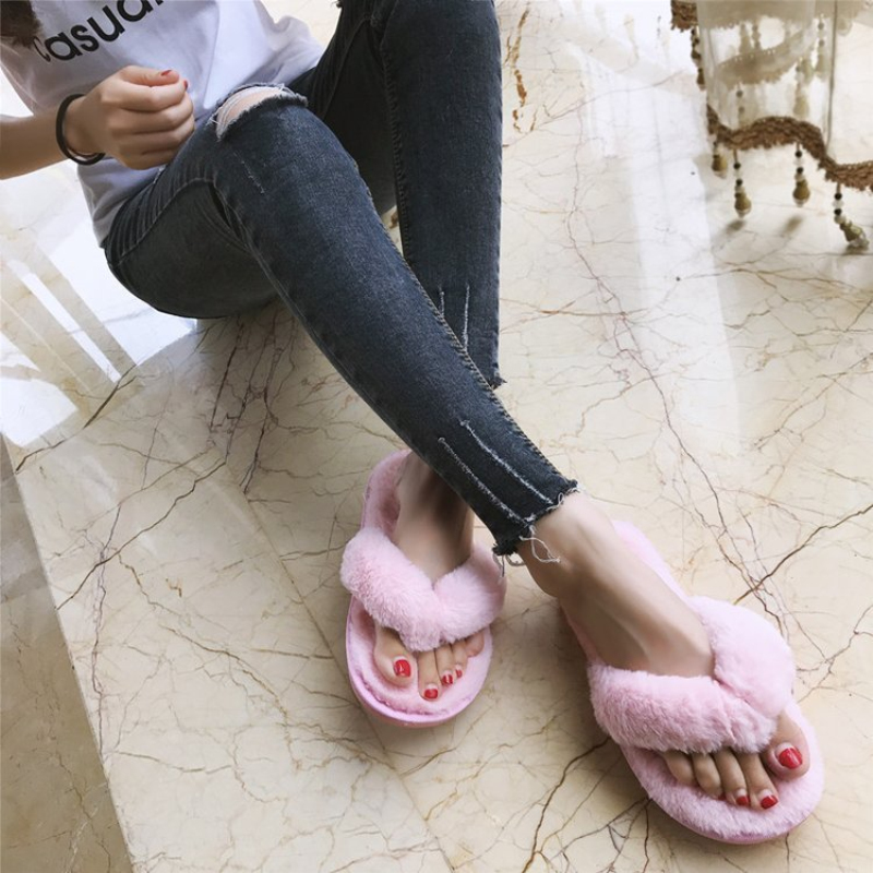 Wholesale Size 5 13 Women Plush Fluffy Upper Flip flop Slippers Shoes