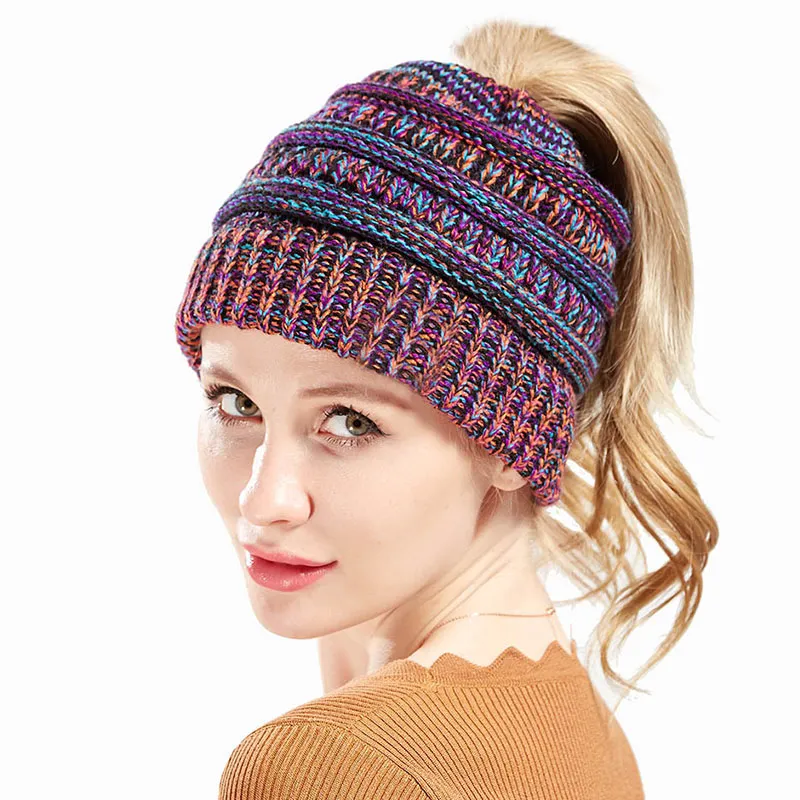Women Color Mixing Knitted Warm Beanie Hat Dome Style