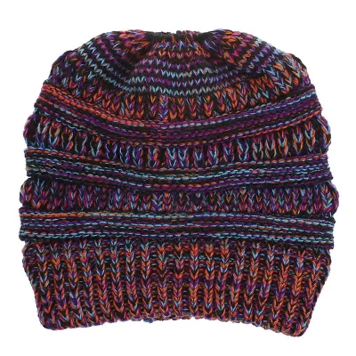 Women Color Mixing Knitted Warm Beanie Hat Dome Style