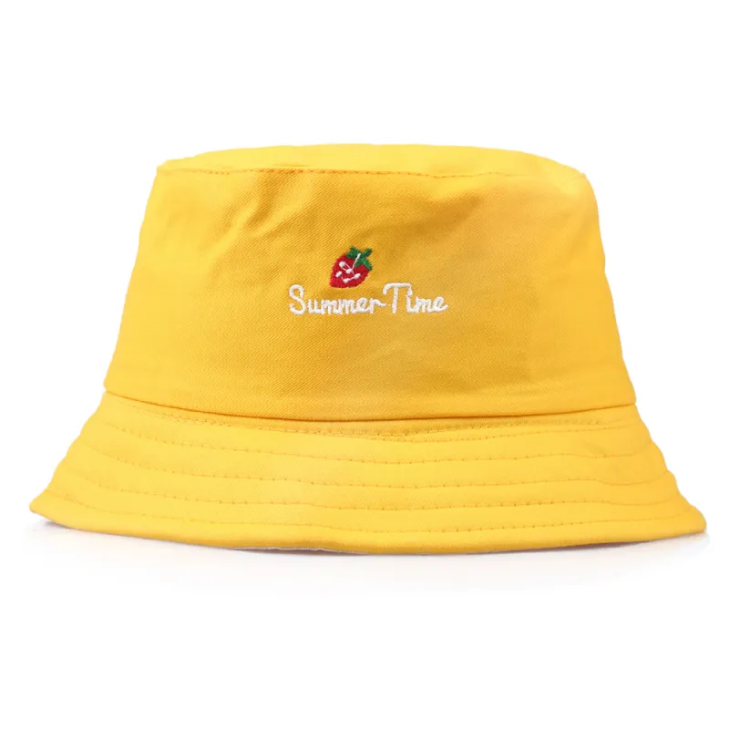 Leisure Strawberry Embroidery Solid Color Bucket Hat Cotton Unisex Cartoon Wild