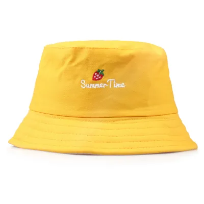 Leisure Strawberry Embroidery Solid Color Bucket Hat Cotton Unisex Cartoon Wild