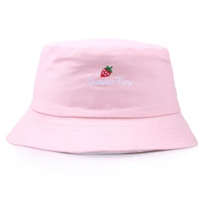 Leisure Strawberry Embroidery Solid Color Bucket Hat Cotton Unisex Cartoon Wild