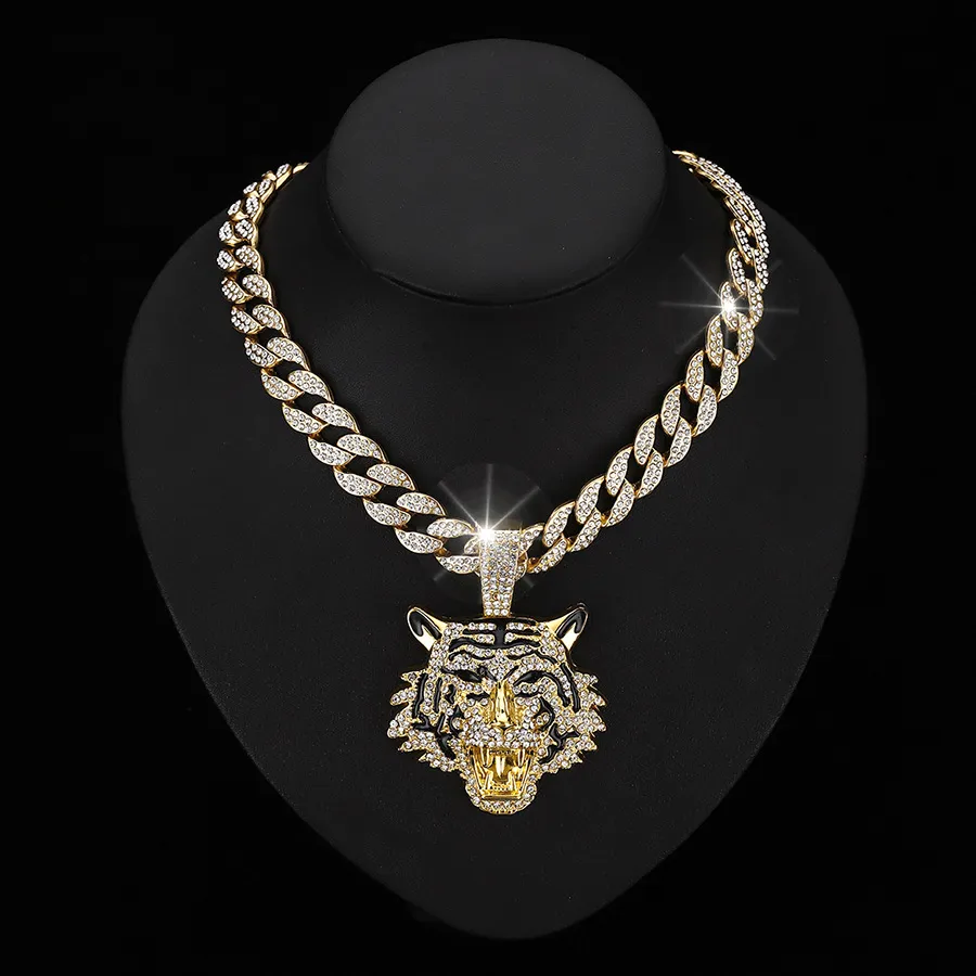 Men's Fashion Alloy Rhinestone Tiger Pendant Cuban Chain Necklace