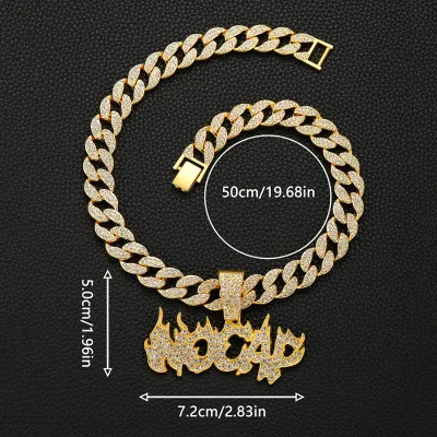 Men Fashion Rhinestone Alphabet Nocap Alloy Pendant Cuban Chain Necklace