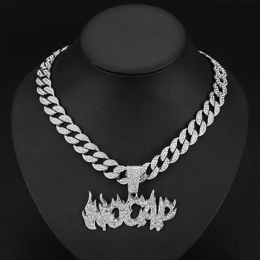 Men Fashion Rhinestone Alphabet Nocap Alloy Pendant Cuban Chain Necklace