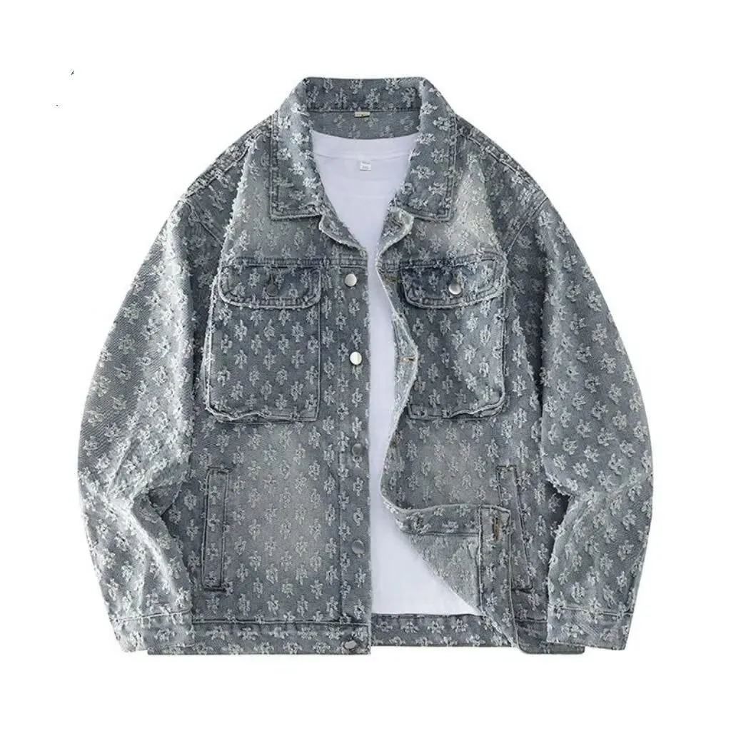 Men Fashion Street Tide Jacquard Lapel Long-Sleeve Denim Jacket