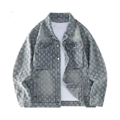 Men Fashion Street Tide Jacquard Lapel Long-Sleeve Denim Jacket